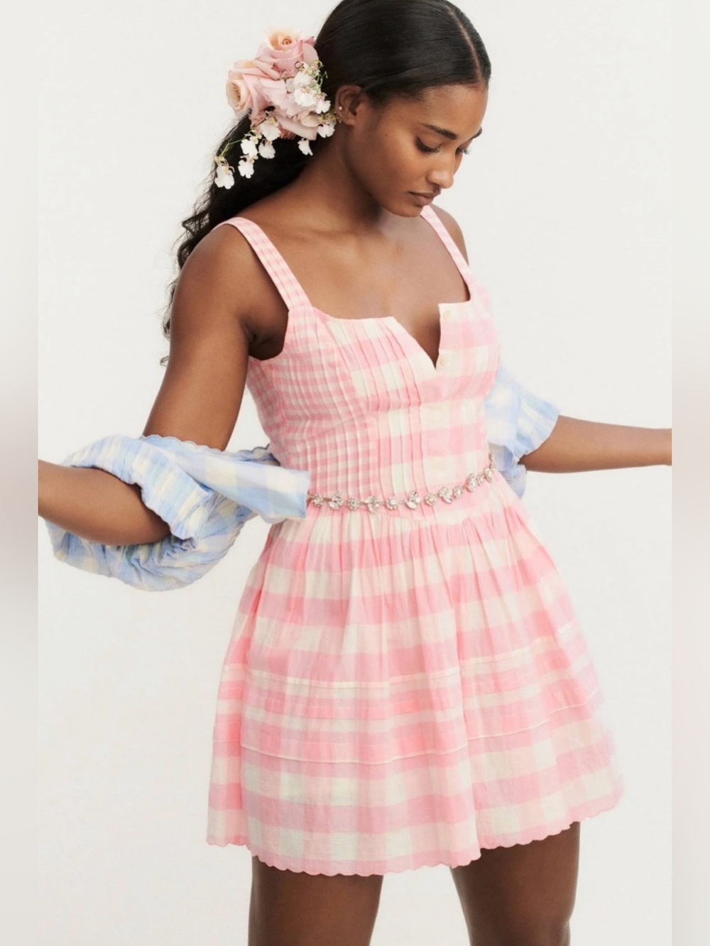 LoveShackFancy Chennedy Pleated Gingham Cotton Mini Dress in Pink Size 4